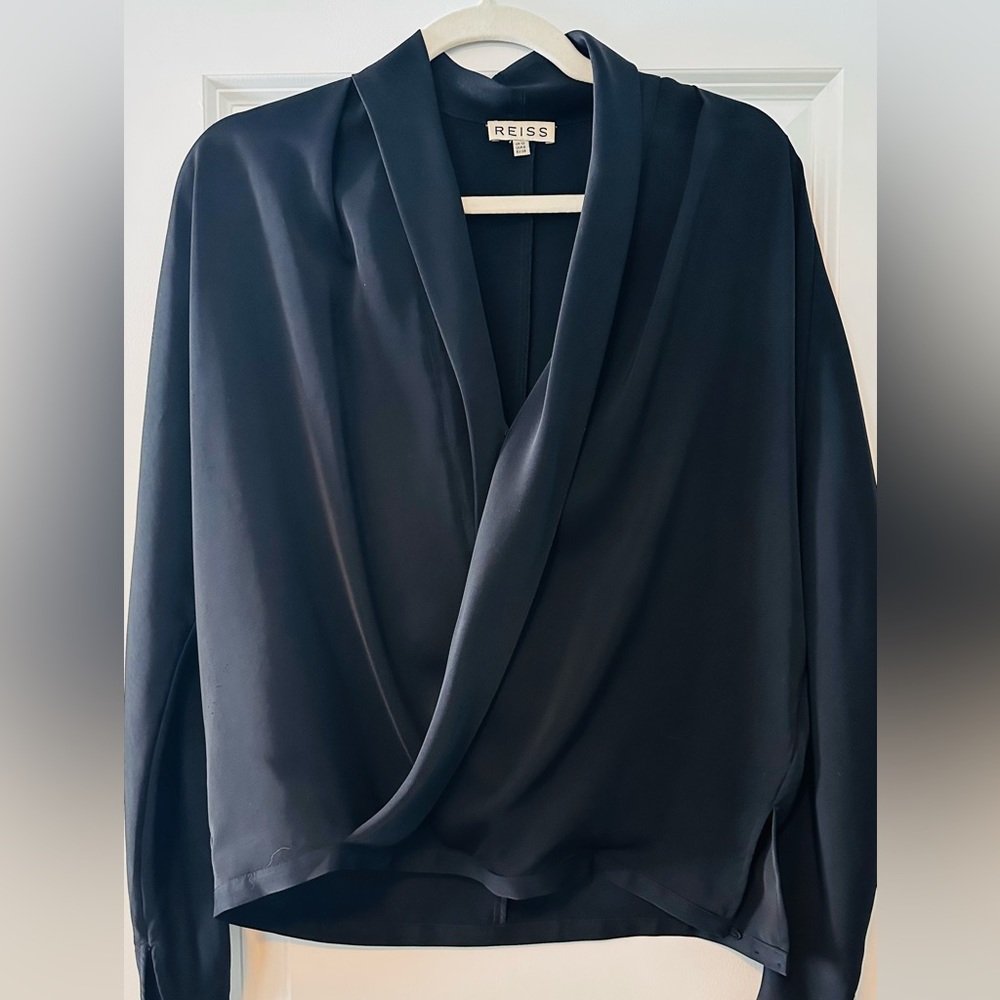 Reiss Navy Draped Wrap Front Blouse